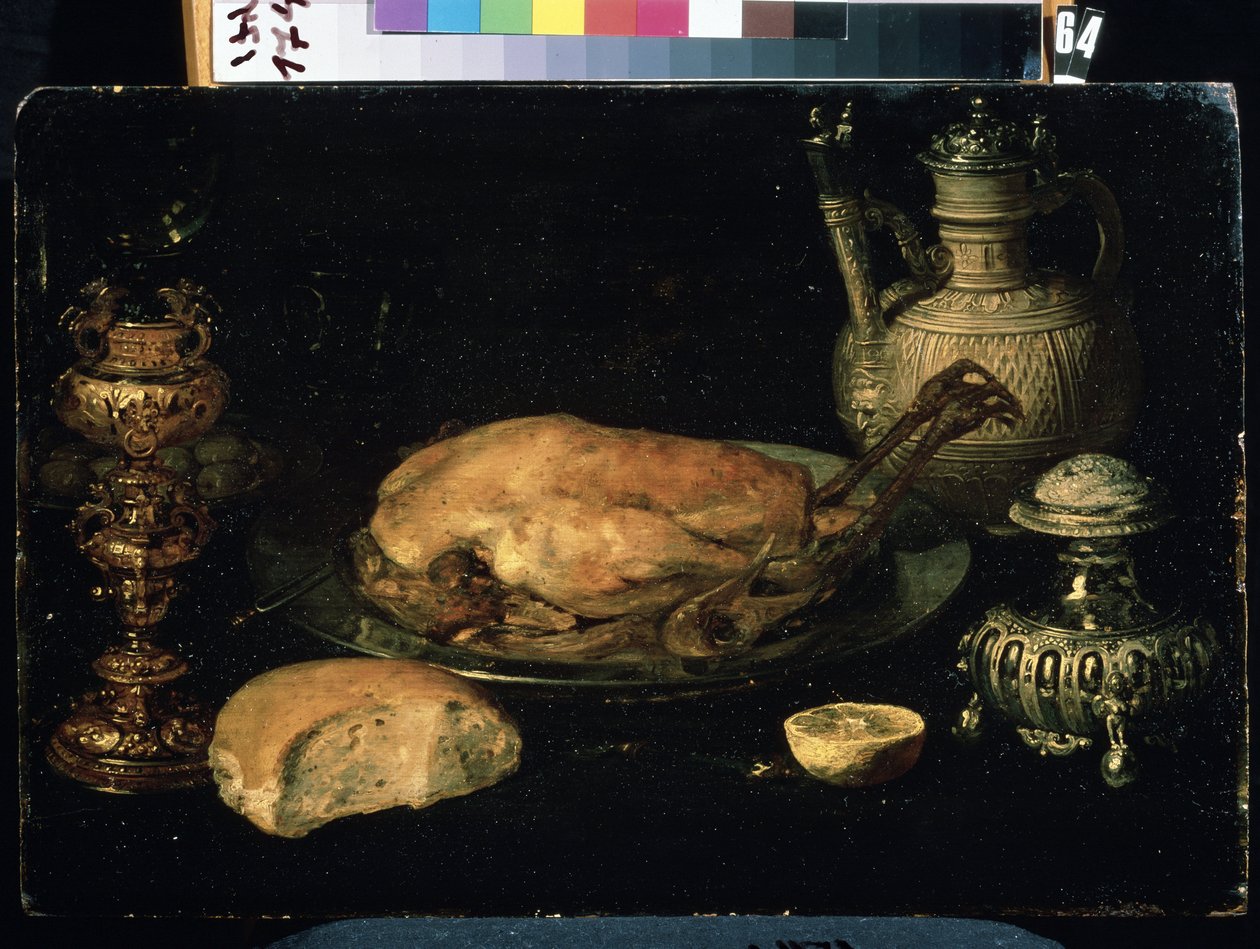 ""Kanan, sitruunan, leivän, hopean ja öljylampun asetelma"" (Asetelma) Osias Beert vanhemman (1580-1624) maalaus 1600-luvun Mikhail Kroshitskyn taidemuseo, Sevastopol (Sevastopol) Ukraina tekijältä Osias the Elder Beert