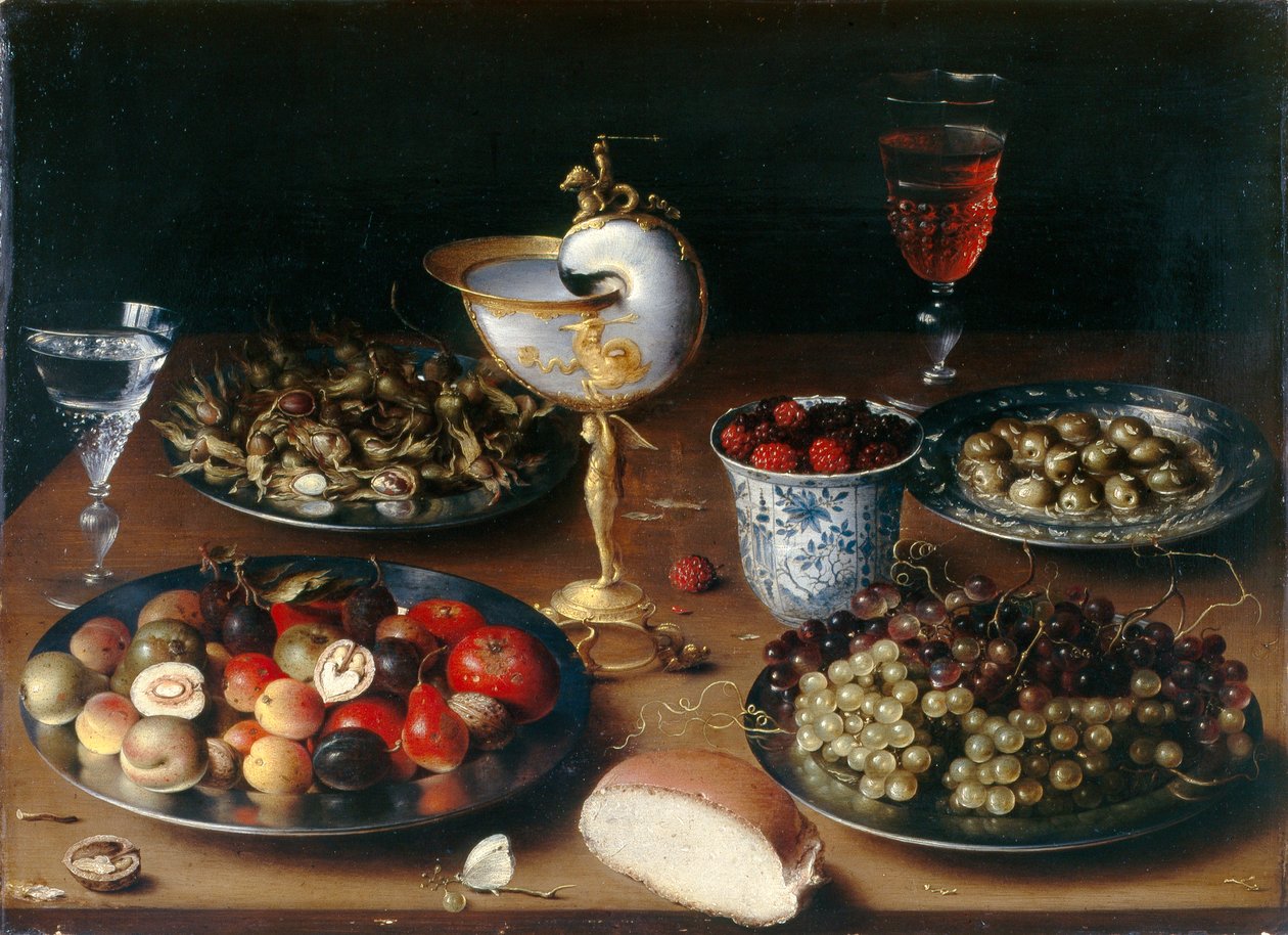 Tyyni elämä, jossa on Nautiluskuppi, hedelmiä, pähkinöitä ja viiniä, n.1610 (öljy tammipaneelille). tekijältä Osias the Elder Beert