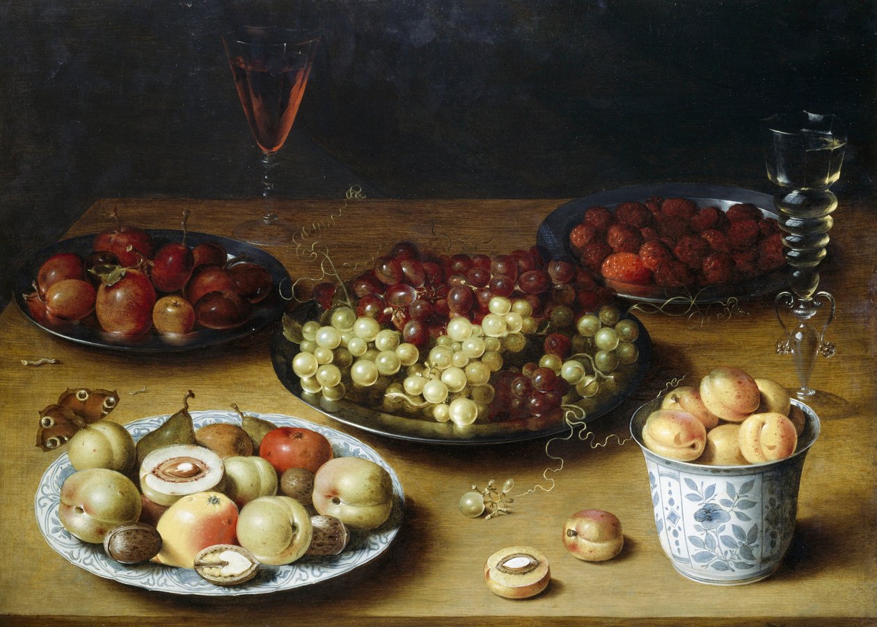 Asetelma hedelmillä ja lasilla, Osias Beert (1580-1624), öljy puulle tekijältä Osias the Elder Beert