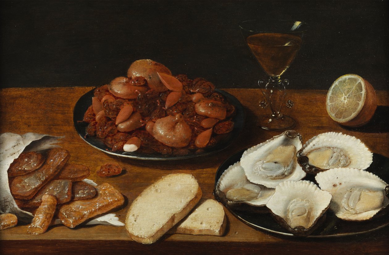Stillleben mit Austern, Backwerk, Zitrone und Weinglas tekijältä Osias the Elder Beert