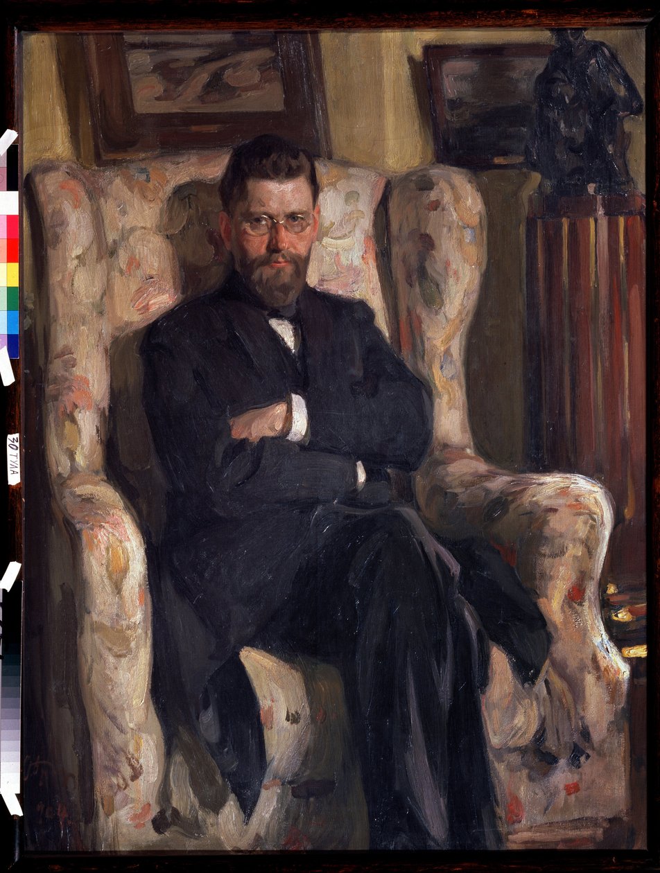 ""Taiteenkeräilijän Alexis (AA) Bakhrushinin (1865-1929) muotokuva" (Keräilijä Aleksei A. Bakhrushinin muotokuva) Osip Emmanuilovich Brazin (1872-1936) maalaus 1904 Tulan valtion taidemuseo (Toula) tekijältä Osip Emmanuilovich Braz