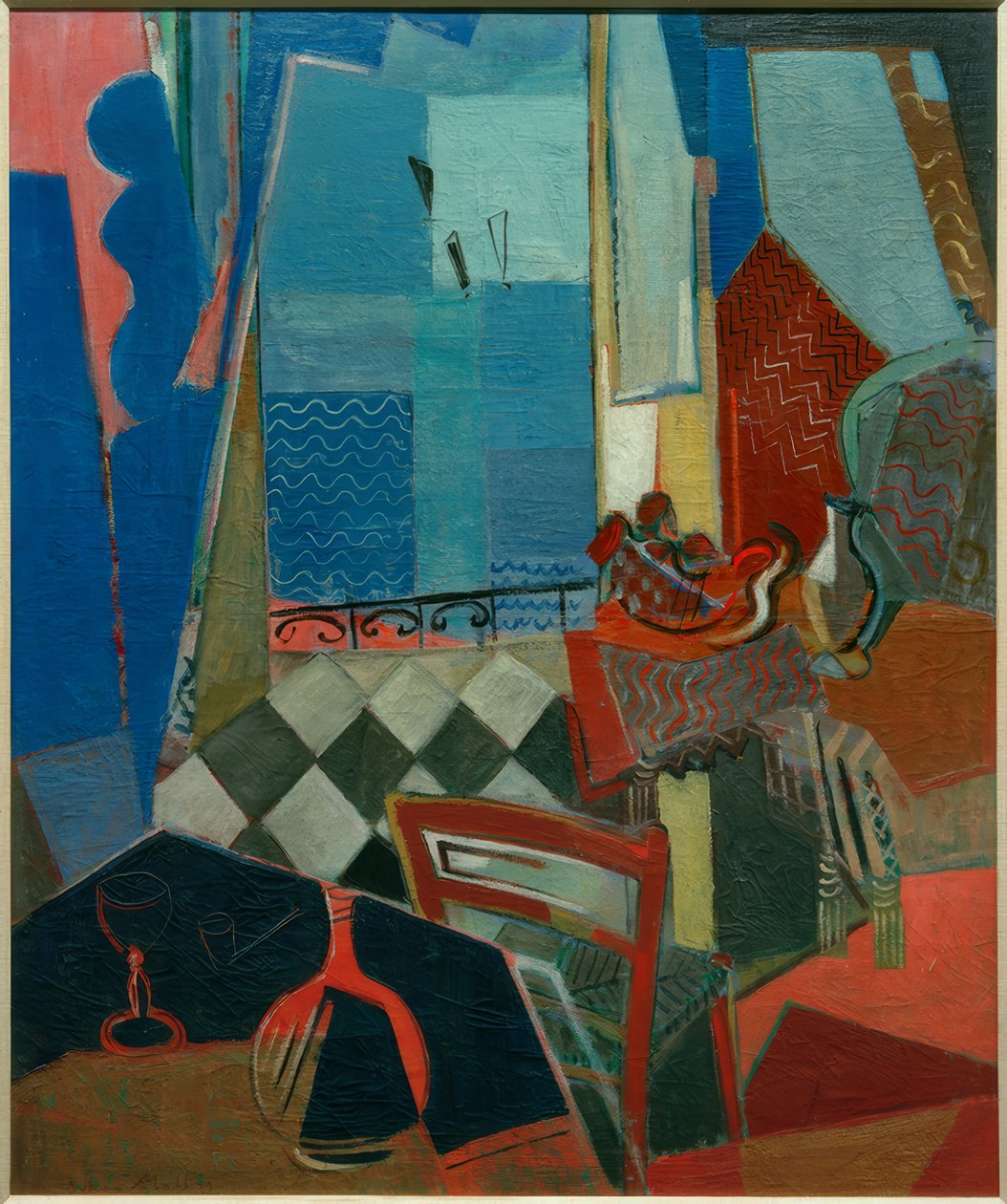 Fensterausblick mit Pfeife, Glas und Fliesenboden tekijältä Oskar Moll