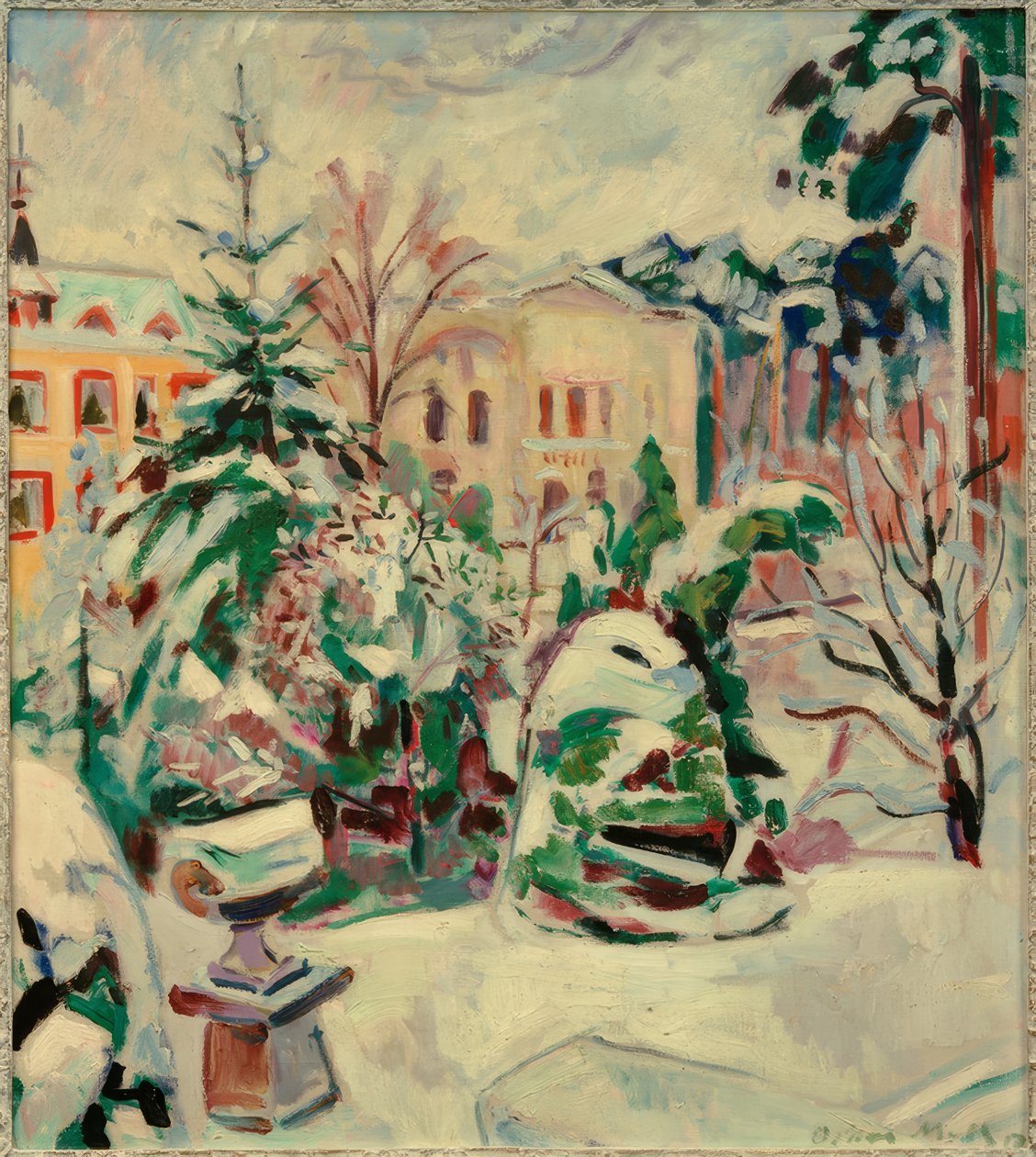 Verschneiter Park mit Häusern tekijältä Oskar Moll