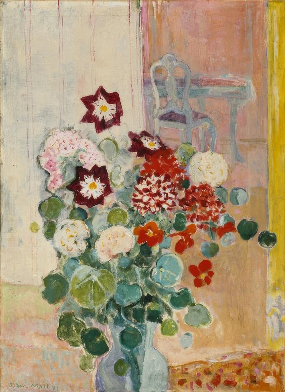 Blumenstrauß mit Dahlien und Kresse tekijältä Oskar Moll