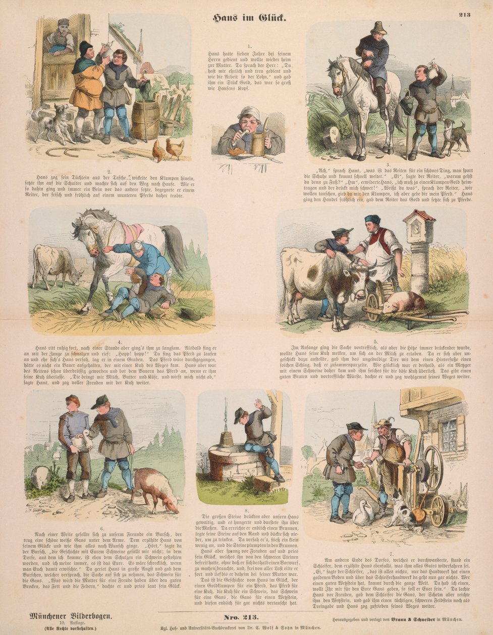 Hans in Luck (Grimmin veljesten mukaan) -lehti, kustantaja Gustav Weise, Stuttgart, 1860 tekijältä Oskar Pletsch