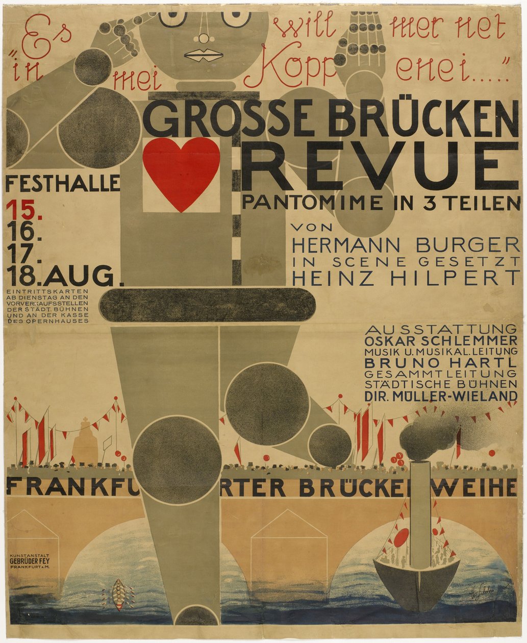 Bridge-festivaalin juliste (pantomiimi) - Suuren siltarevyyn juliste, kirjoittanut Schlemmer, Oskar (1888-1943). Värillinen litografia tekijältä Oskar Schlemmer