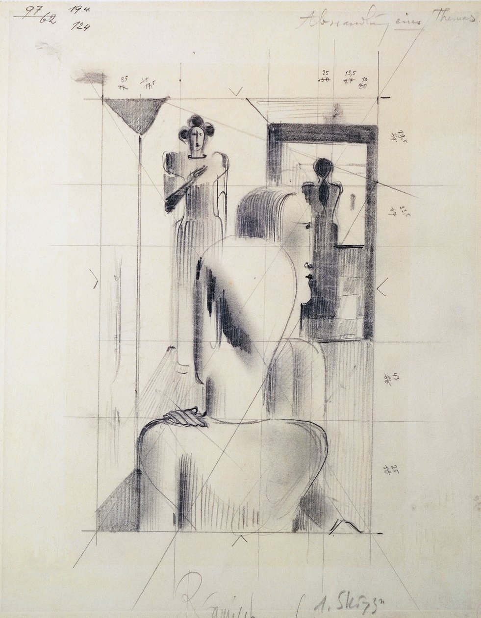 Figuurit huoneessa, Oskar Schlemmer (1888-1943), kynä paperille. Saksa, 1900-luku. tekijältä Oskar Schlemmer