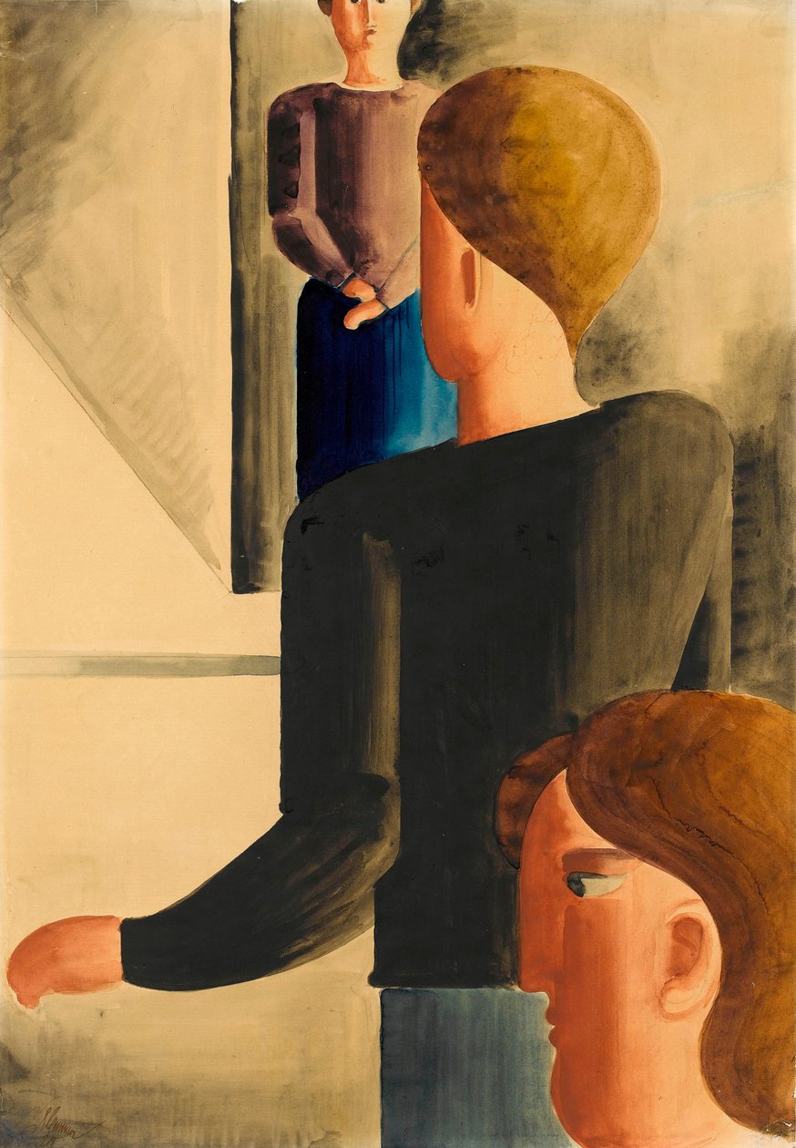 Kolme hahmoa huoneessa Yksinkertainen ele, 1928. tekijältä Oskar Schlemmer