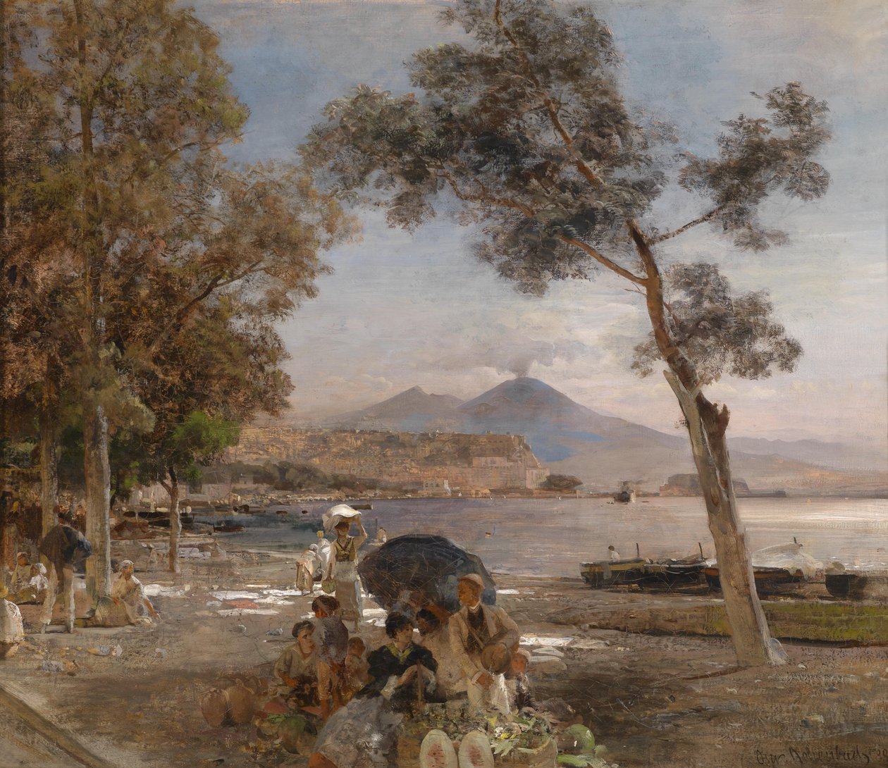Abendstimmung am Golf von Neapel, im Hintergrund der Vesuv tekijältä Oswald Achenbach