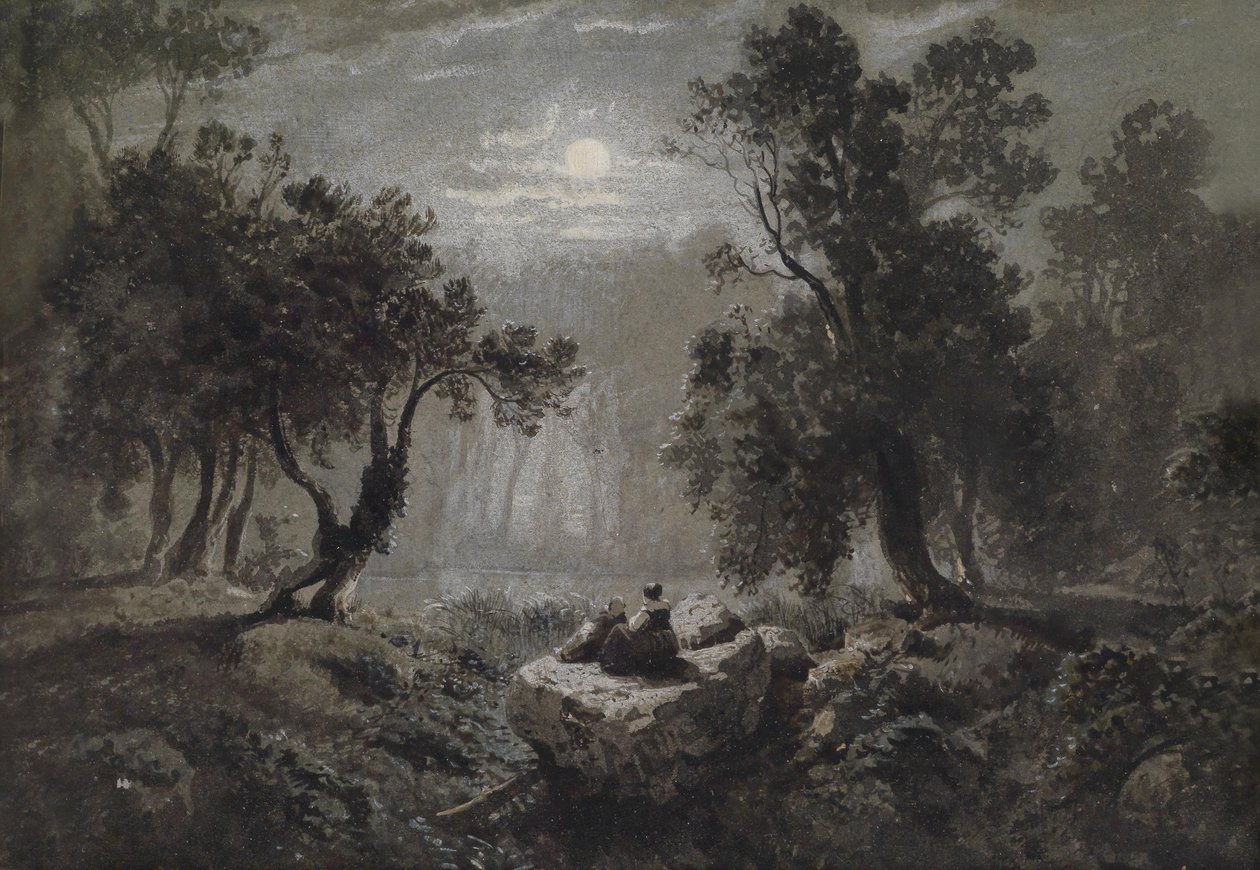 Eine romantische Waldlandschaft im Mondlicht tekijältä Oswald Achenbach