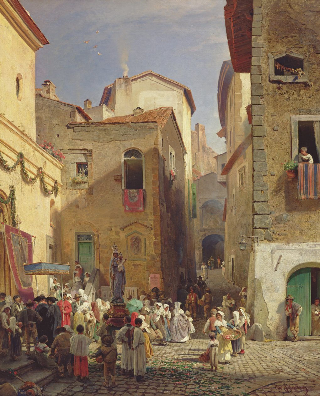 Neitsyt Marian festivaali Gennazzanossa, Roman Campagnassa, Italiassa, 1865 tekijältä Oswald Achenbach