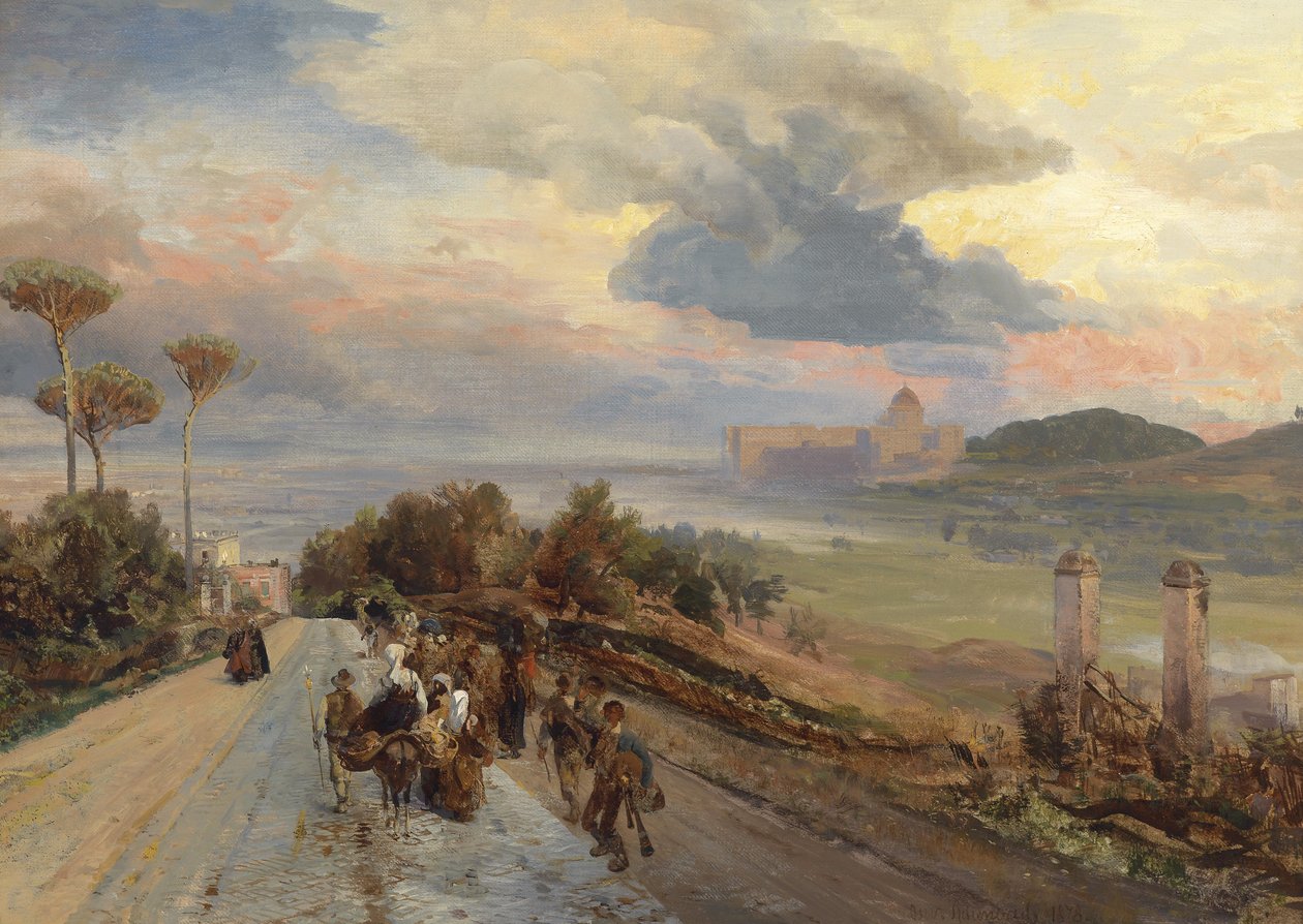 Via Cassia bei Rom mit Blick auf den Vatikan tekijältä Oswald Achenbach