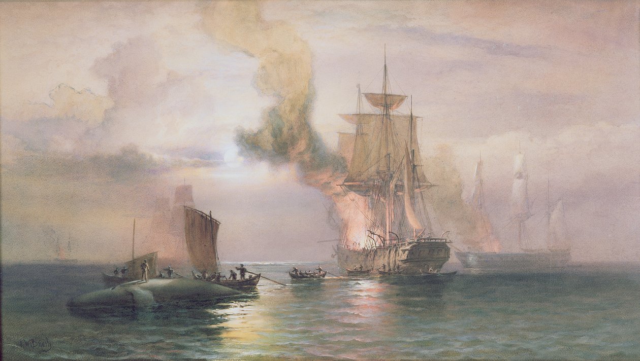 Etelämeren valaanpyytäjät kiehuvat kaljaa, valaiden rinnalla, n. 1875-1885 tekijältä Oswald Walters Brierly