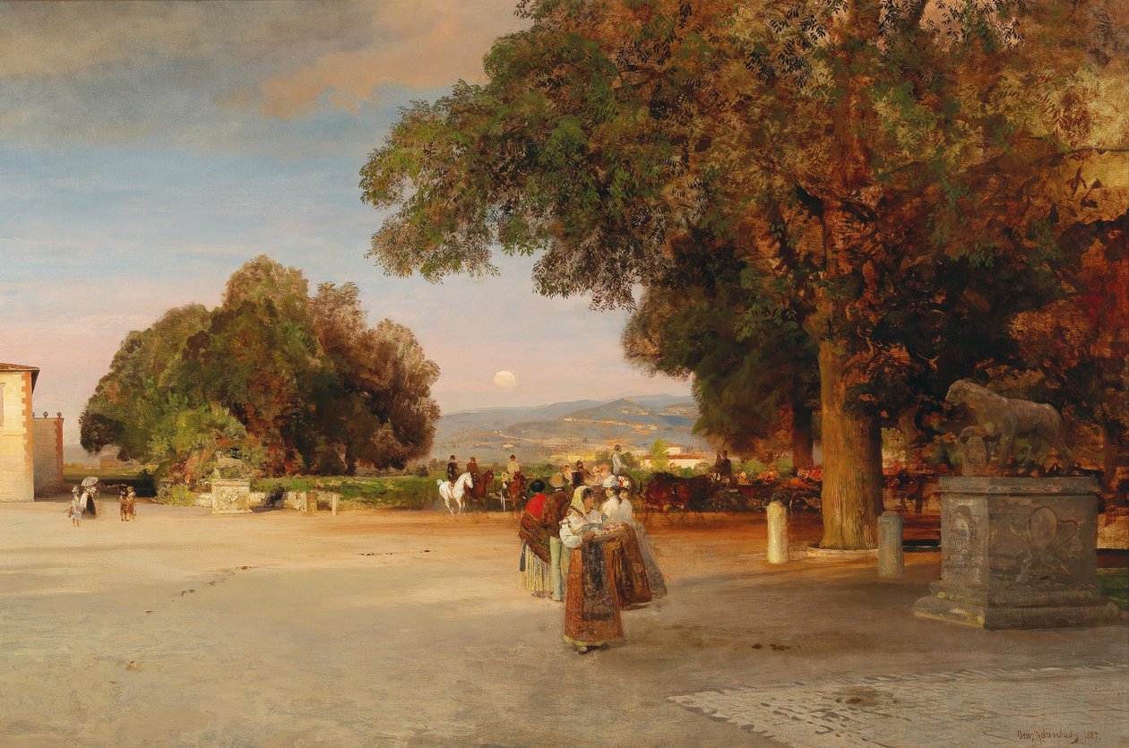 Ranska: Promeneurs sur la terrasse de la Villa Grazioli à Grottaferrata Kohtaus iltahämärässä Villa Grazioli Grottaferratan terassilla. tekijältä Oswald Achenbach