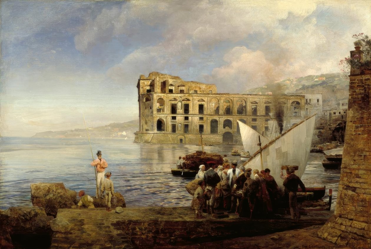 O.Achenbach, Bay lähellä Napolia kuningatar Annan palatsin kanssa. tekijältä Oswald Achenbach