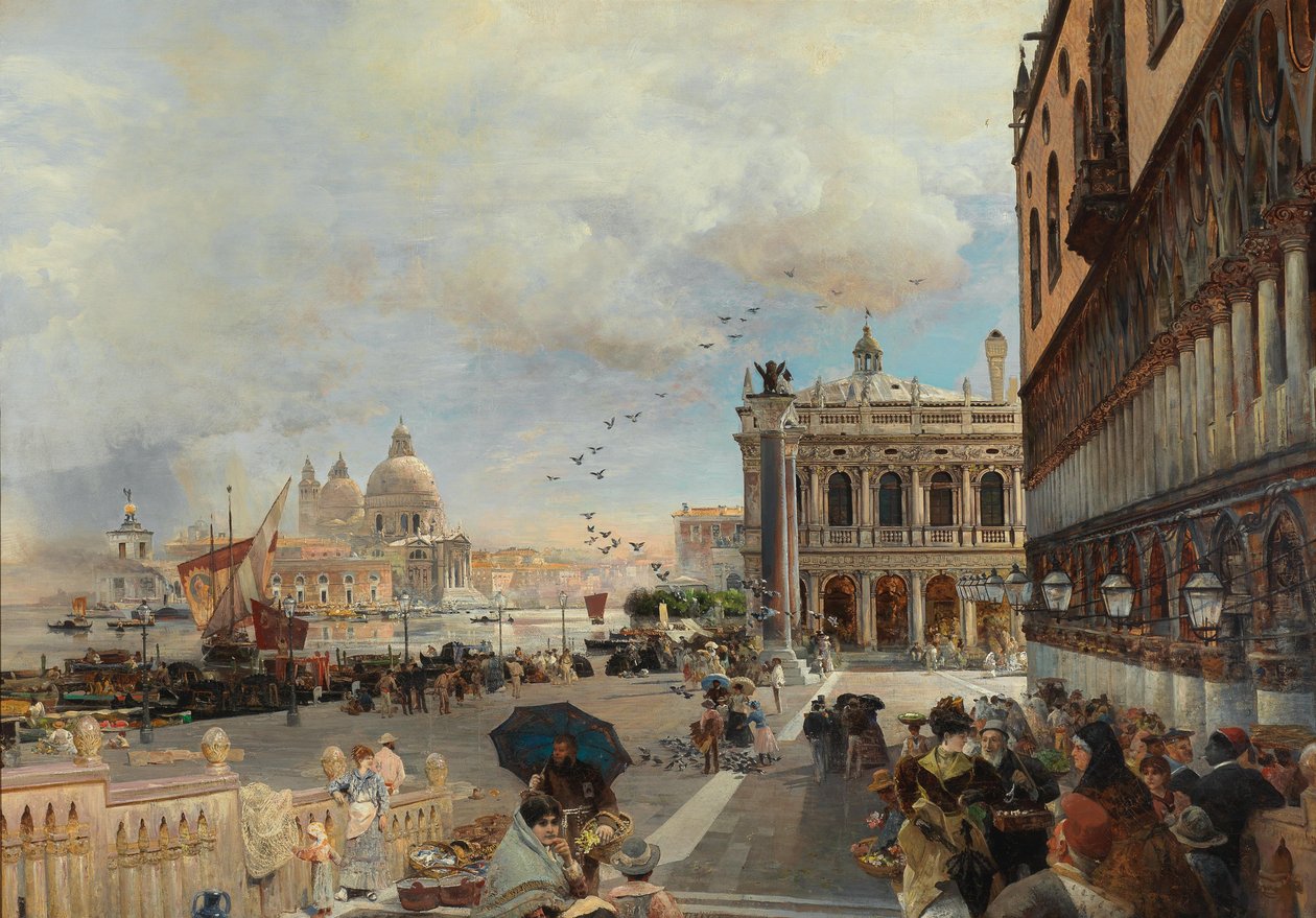 Venetsia, näkymä Piazzettaan, jossa on Biblioteca Marciana, Santa Maria della Salute ja Dogana. tekijältä Oswald Achenbach