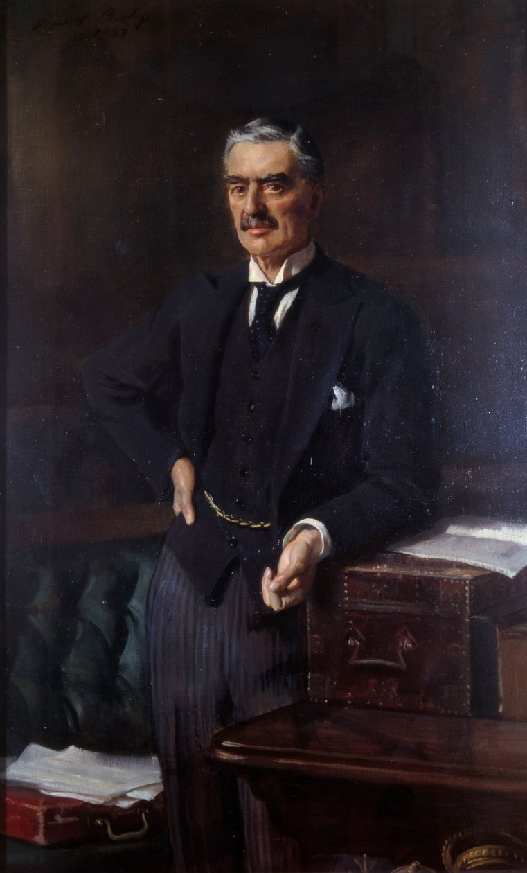 Neville Chamberlainin (1869-1940) muotokuva (öljy kankaalle) tekijältä Oswald Hornby Joseph Birley