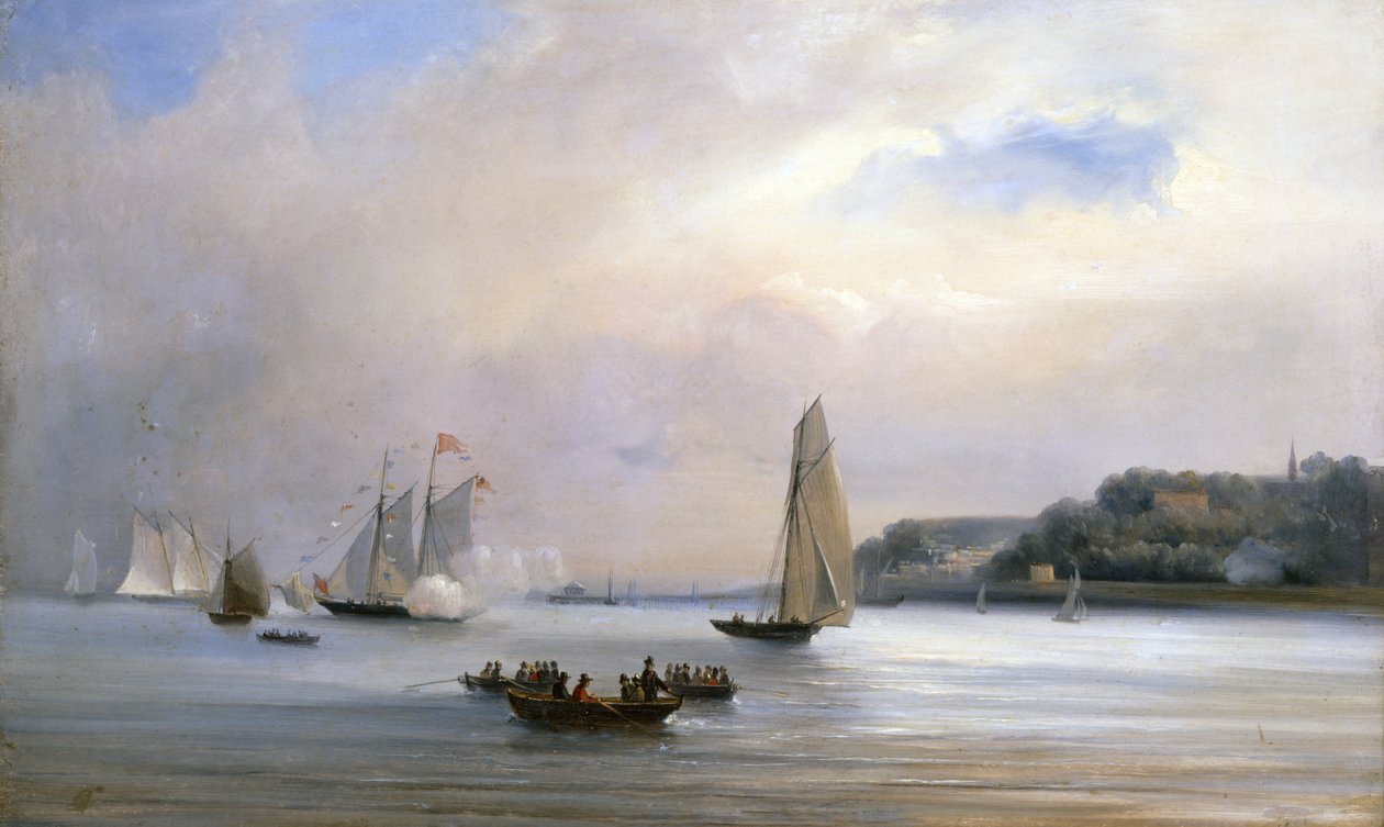 Anglo-amerikkalainen huvijahtikilpailu Isle of Wightin ympäri, 22. elokuuta 1851 (öljy kankaalle) tekijältä Oswald Walters Brierly