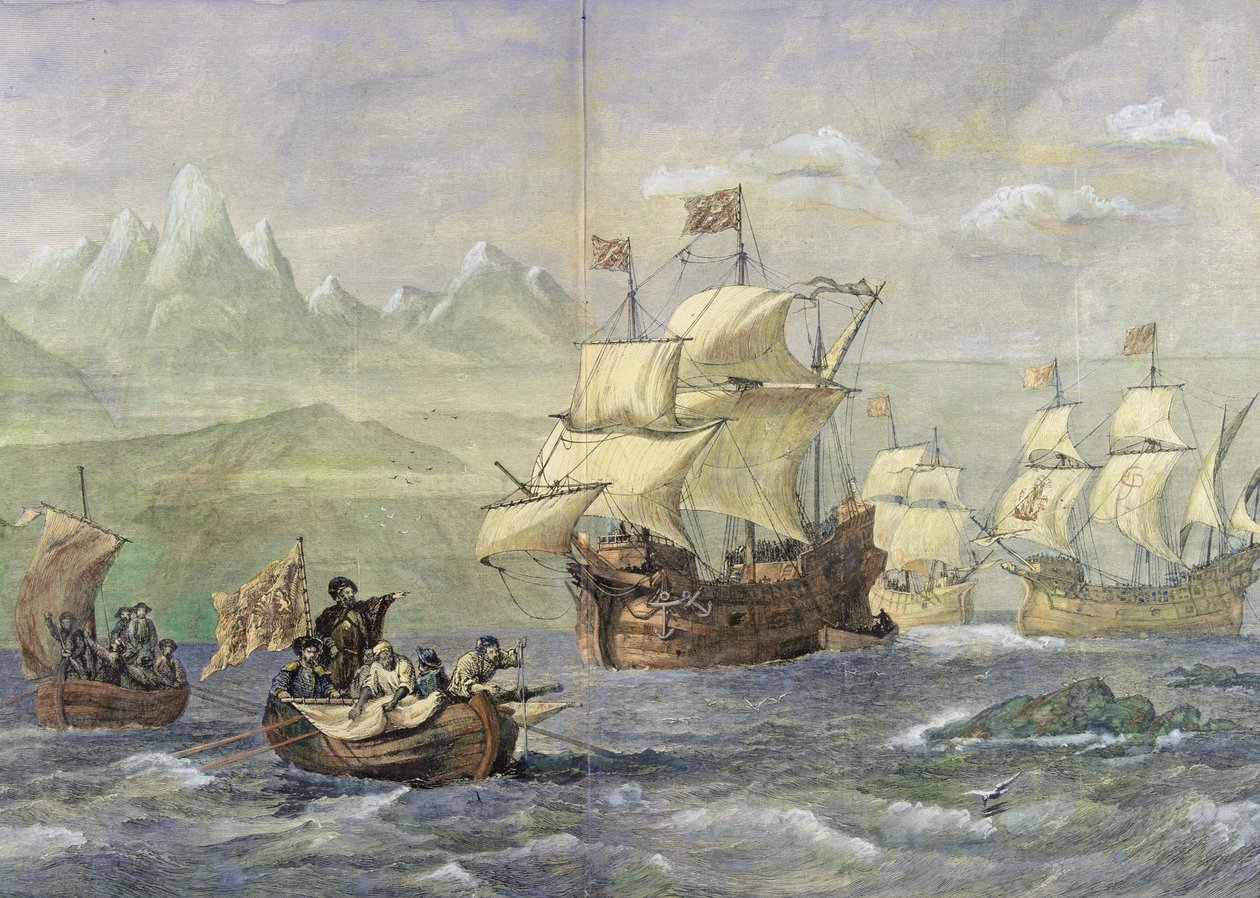 Magellanin salmen löytö (värillinen kaiverrus) tekijältä Oswald Walters Brierly