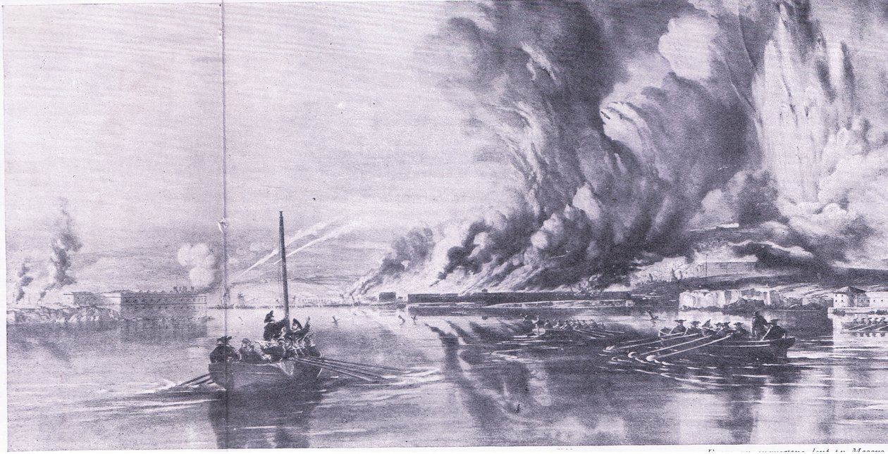 Sevastopolin kaatuminen ja venäläisten vetäytyminen, 8. syyskuuta 1855, kuva brittiläisistä taisteluista maalla ja merellä, 1915 tekijältä Oswald Walters Brierly