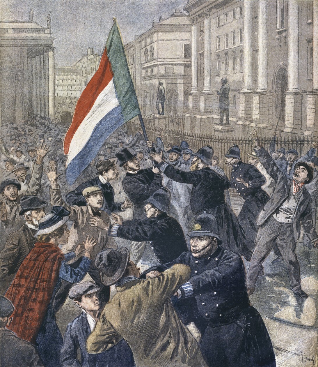 Irlanti, mielenosoitus Chamberlainia vastaan, kuva julkaisusta "Le Petit Journal: Supplement illustre", 31. joulukuuta 1899 tekijältä Oswaldo Tofani