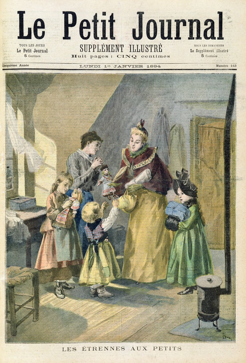 Uudenvuodenlahjat lapsille, Le Petit Journalin kuvitetun liitteen etusivulta, 1. tammikuuta 1894 (värilitho) tekijältä Oswaldo Tofani