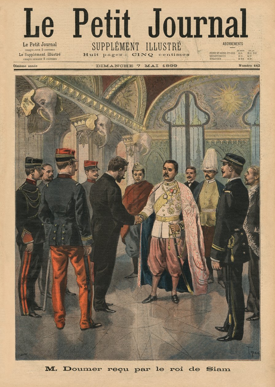 Paul Doumer, Indokiinan kenraalikuvernööri, jonka Siamin kuningas Chulalongkorn vastaanotti Bangkokissa nimellä Rama V, etukannen kuva Le Petit Journalista, Supplement Illustre, 7. toukokuuta 1899 (väri) tekijältä Oswaldo Tofani
