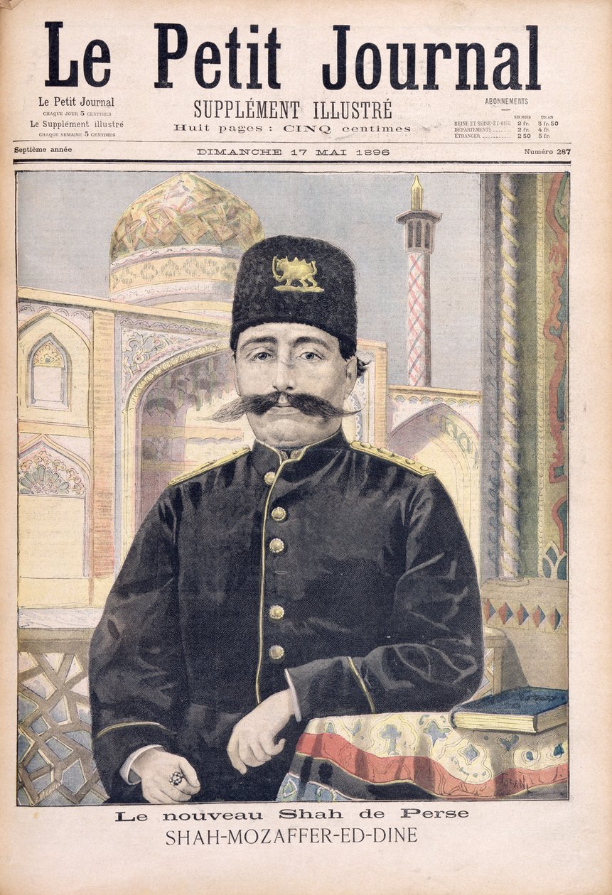 Shah Mozzafer-ed-Dinin (1853-1907) muotokuva "Le Petit Journal" -julkaisusta, 17. toukokuuta 1896 tekijältä Oswaldo Tofani