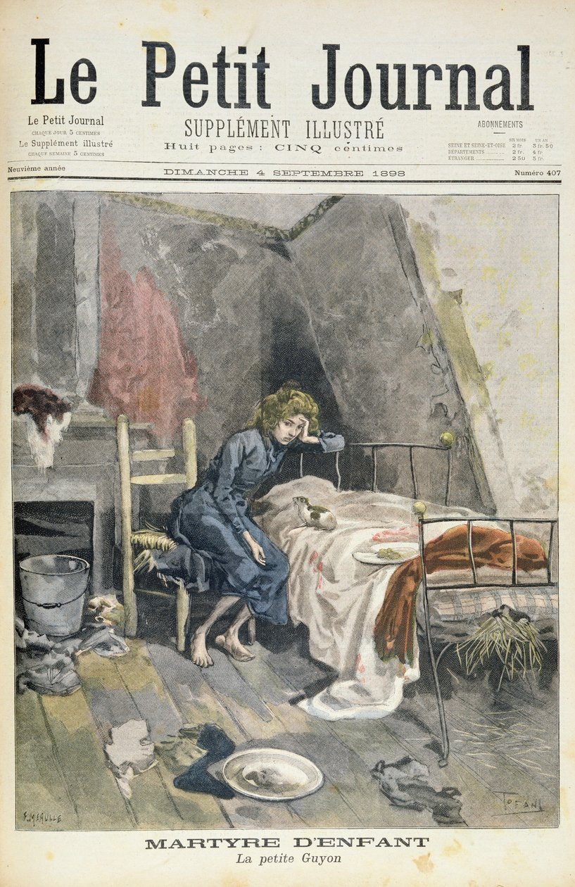 Lasten marttyyrikuolemaa kuvaava nimisivu, pieni Guyon, kuva Le Petit Journalin kuvitetusta liitteestä, 4. syyskuuta 1898 tekijältä Oswaldo Tofani