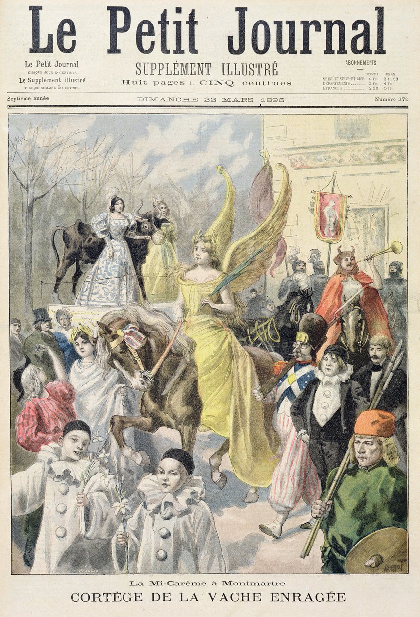 Otsikkosivu, joka kuvaa hullun lehmän kulkuetta Montmartren puolivälissä paaston aikana, kuva Le Petit Journalin kuvitetusta liitteestä, 22. maaliskuuta 1896 tekijältä Oswaldo Tofani
