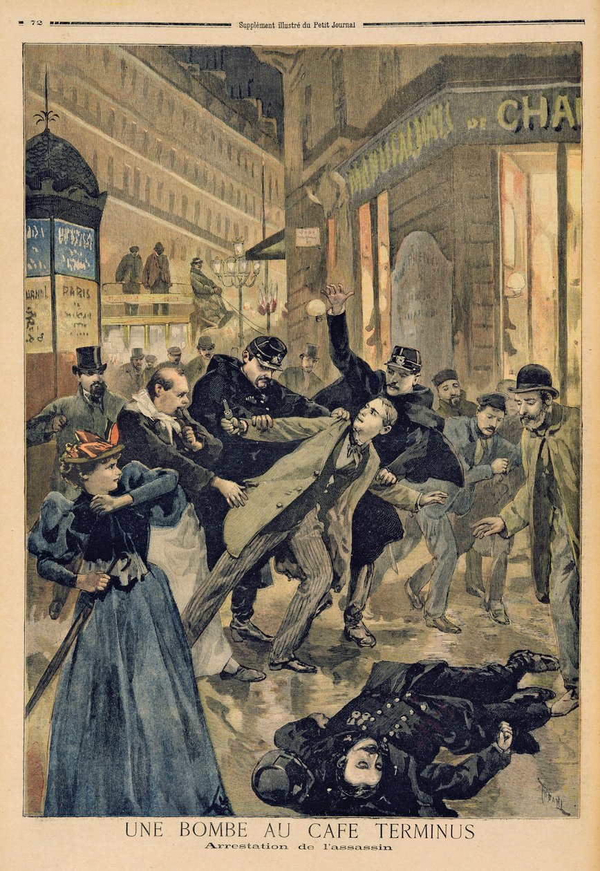 Pommi Cafe Terminusissa, salamurhaajan pidätys, kuva Le Petit Journalista, 26. helmikuuta 1894 tekijältä Oswaldo Tofani