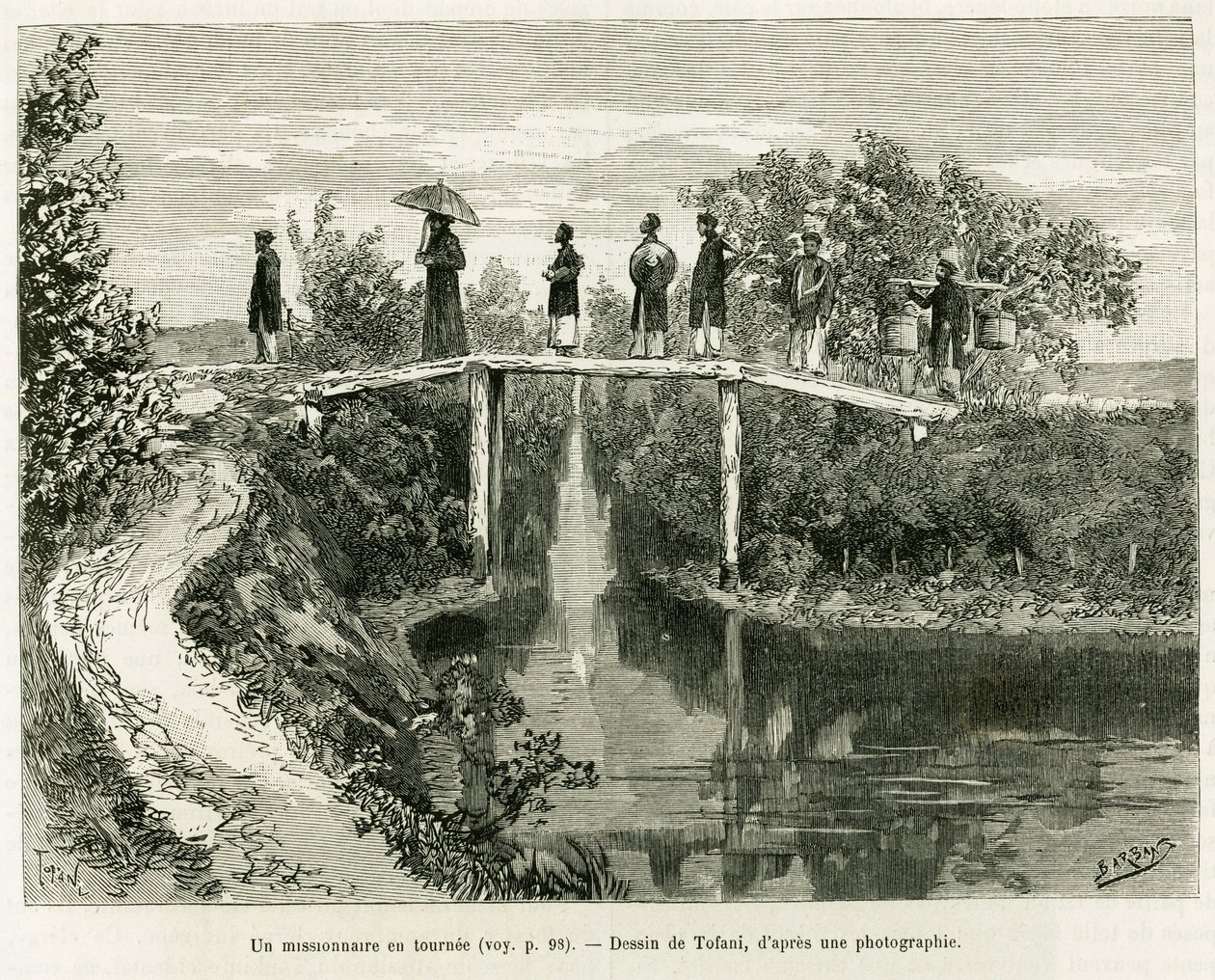 Lähetyssaarnaaja vuorostaan. Tofanin kaiverrus havainnollistamaan tarinaa Trente mois au Tonkin, vuonna 1884, tohtori Paul Hocquard, in le tour du monde 1890, Edouard Chartonin (1807-1890) johdolla, Hachette, Pariisi. tekijältä Oswaldo Tofani