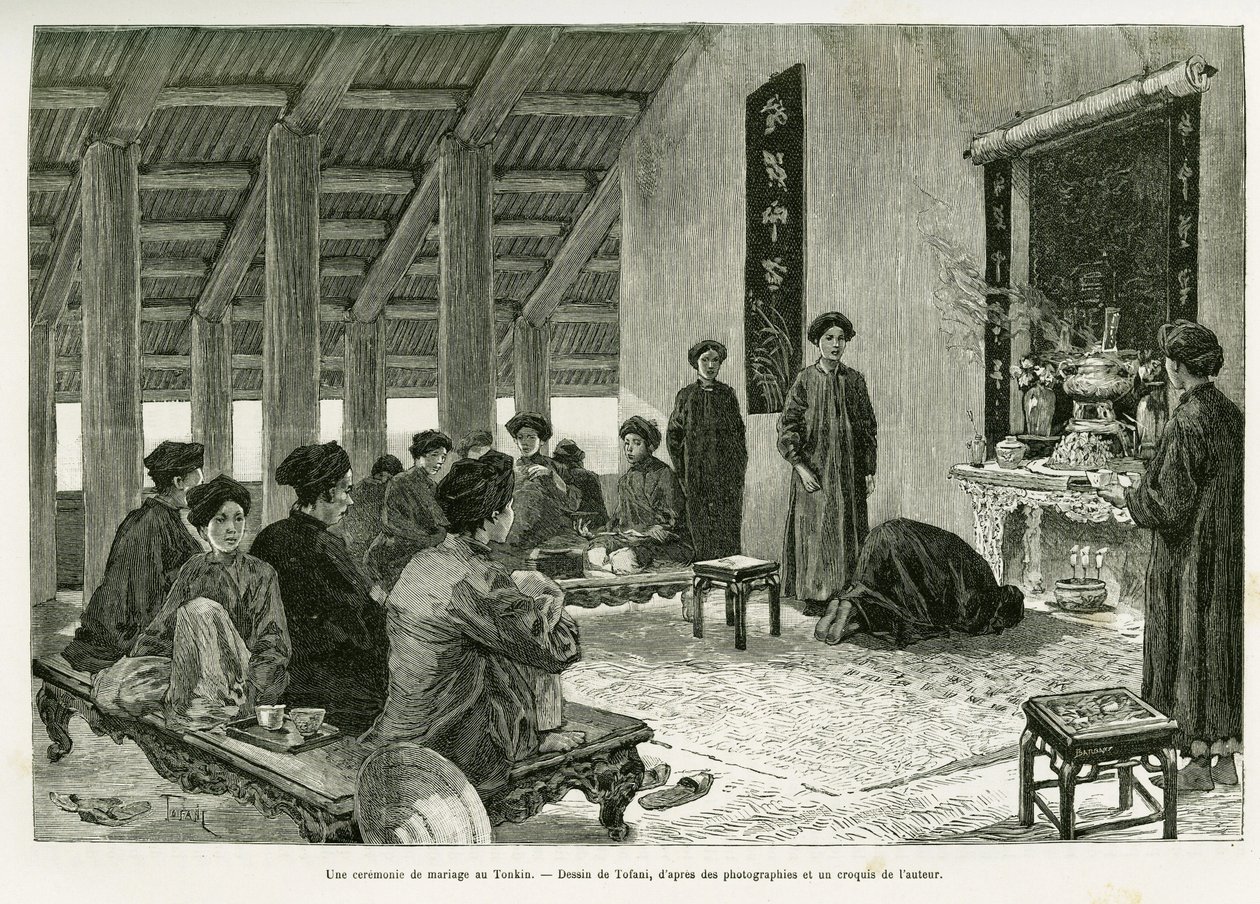 Hääseremonia Tonkinissa. Tofanin kaiverrus havainnollistamaan tarinaa Trente mois au Tonkin, vuonna 1884, tohtori Paul Hocquard, in le tour du monde 1890 Edouard Chartonin (1807-1890) johdolla, Hachette, Pariisi. tekijältä Oswaldo Tofani