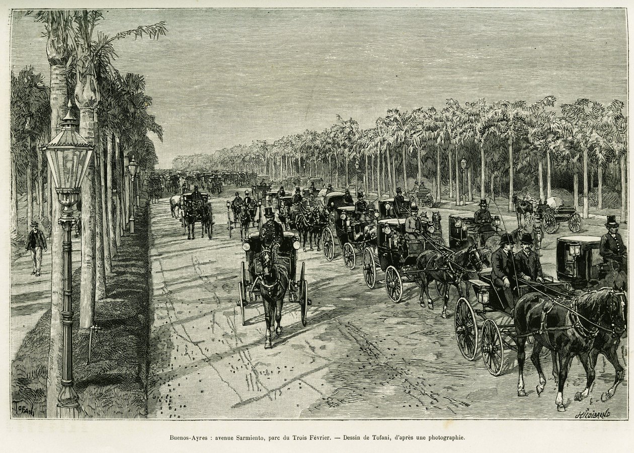 Buenos Aires, Sarmiento Avenue, Kolmen helmikuun puisto. Tofanin kaiverrus havainnollistamaan tarinaa Voyage a la Plata, vuonna 1886, kirjoittanut Emile Daireaux, in le tour du monde 1888, ohjannut Edouard Charton (1807-1890), Hachette, Pariisi. tekijältä Oswaldo Tofani