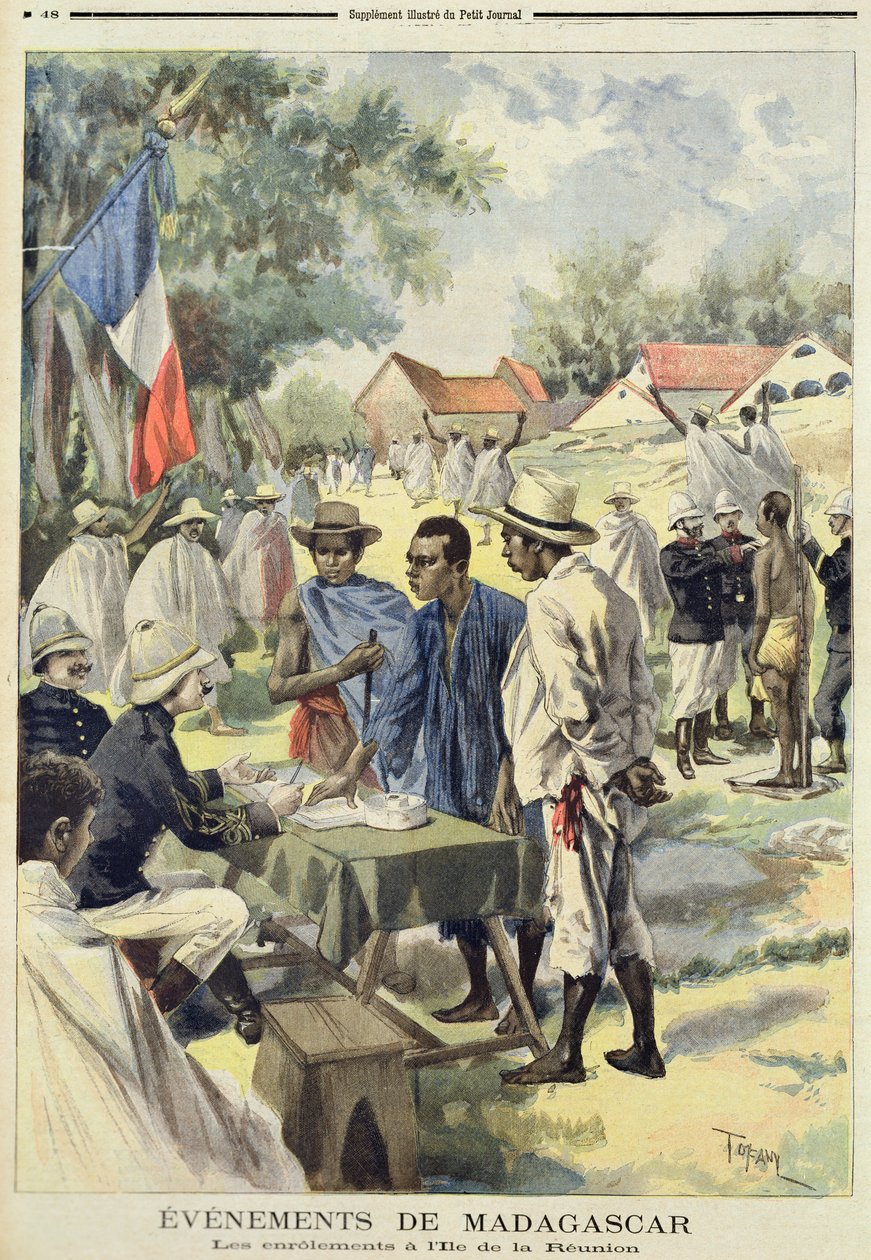 Alkuasukkaiden värvääminen La Reunionin saarelle, Le Petit Journal, 10. helmikuuta 1895. tekijältä Oswaldo Tofani