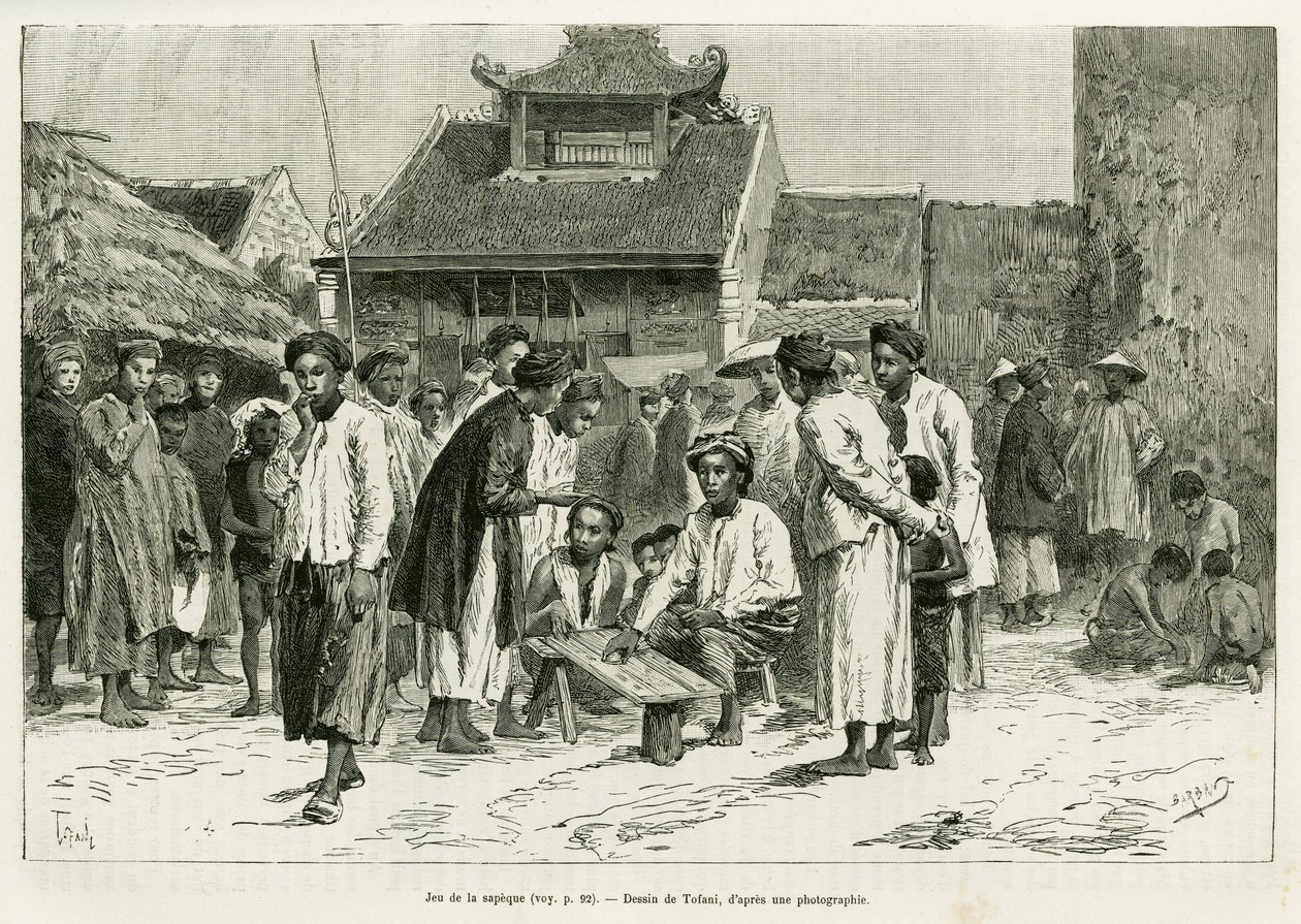 Sapequen peli. Tofanin kaiverrus havainnollistamaan tarinaa Trente mois au Tonkin, vuonna 1884, tohtori Paul Hocquard, in le tour du monde 1890 Edouard Chartonin (1807-1890) johdolla, Hachette, Pariisi. tekijältä Oswaldo Tofani