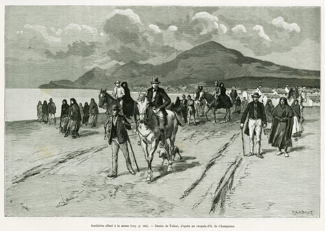 Saaristolaiset menossa messuun. Tofanin kaiverrus havainnollistamaan tarinaa Trois mois en Irlande, vuonna 1889, Marie anne de Bovet, in le tour du monde 1890, ohjaaja Edouard Charton (1807-1890), Hachette, Pariisi. tekijältä Oswaldo Tofani