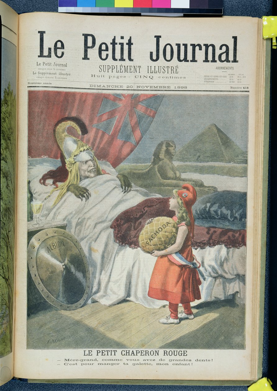Punahilkka tai Ranska häviää Fachodan Englannille, kuvitettu nimilehti Le Petit Journalista, 20. marraskuuta 1898 (värikaiverrus) tekijältä Oswaldo Tofani