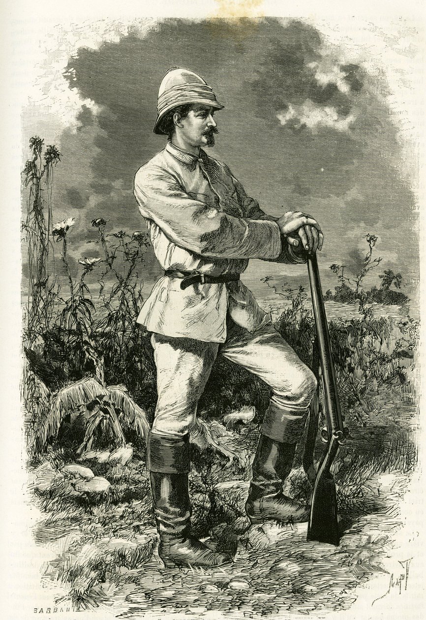 Tofanin kaiverrus tohtori Emile Holubista, tutkimuspuvussa, havainnollistamaan tarinaa "Au pays des Marutses", vuosina 1875-1879, tohtori Emile Holub (1847-1902). Julkaistu Tour du mondessa, 2. lukukausi 1883, toimittanut Edouard Charton (1807-1890) tekijältä Oswaldo Tofani