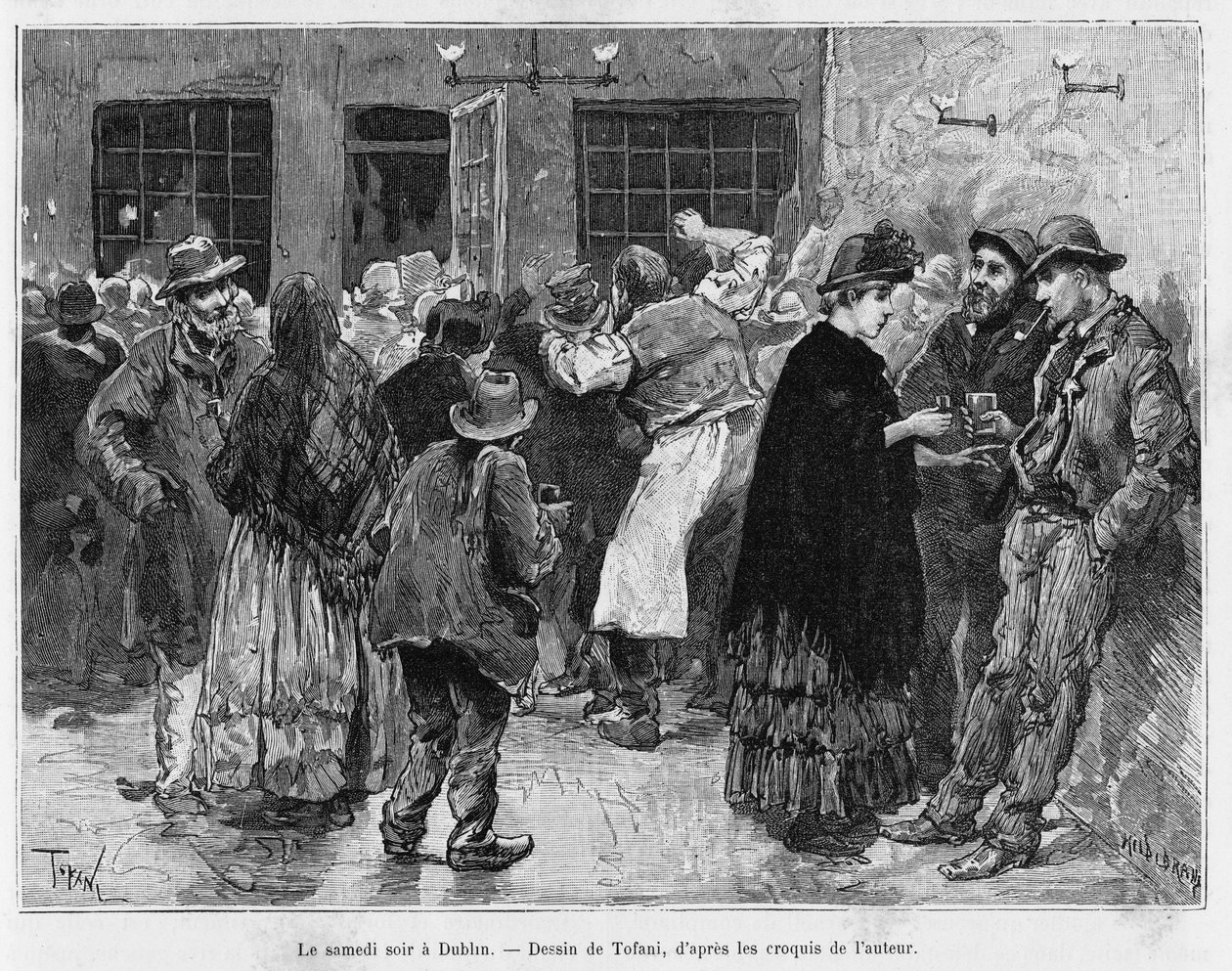Lauantai-iltana Dublinissa. Tofanin kaiverrus havainnollistamaan tarinaa Kolme kuukautta Irlannissa, vuonna 1889, Marie Anne de Bovet, in le tour du monde 1890, ohjaaja Edouard Charton (1807-1890), Hachette, Pariisi. tekijältä Oswaldo Tofani