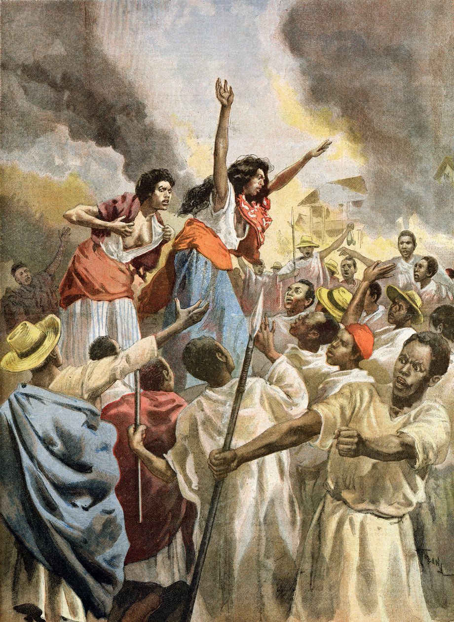 Kuninkaalliset prinsessat saarnaamassa pyhää sotaa Madagaskarilla, Le Petit Journalista, 9. joulukuuta 1894 tekijältä Oswaldo Tofani