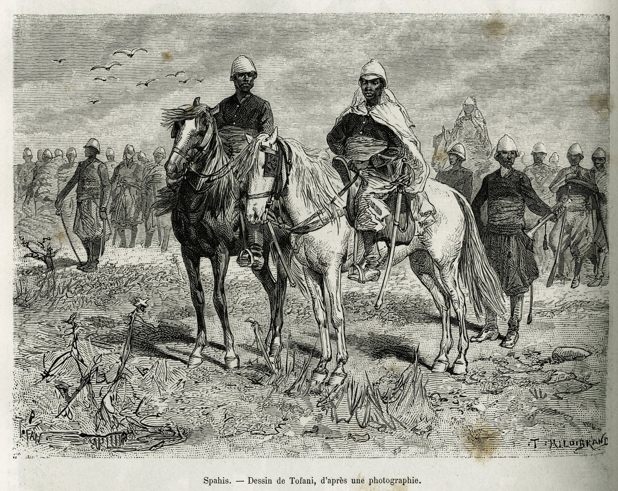 Retkikunnan saattajan spahit. Tofanin kaiverrus havainnollistamaan merijalkaväen komentaja Gallienin Haut Nigerin tutkimustarinaa vuosina 1880-1881, julkaistu Tour du mondessa, Edouard Chartonin (1807-1890) johdolla tekijältä Oswaldo Tofani