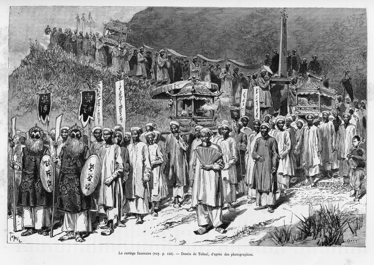 Hautauskorteesi. Tofanin kaiverrus havainnollistamaan tarinaa Trente mois au Tonkin, vuonna 1884, tohtori Paul Hocquard, in le tour du monde 1890, Edouard Chartonin (1807-1890) johdolla, Hachette, Pariisi. tekijältä Oswaldo Tofani