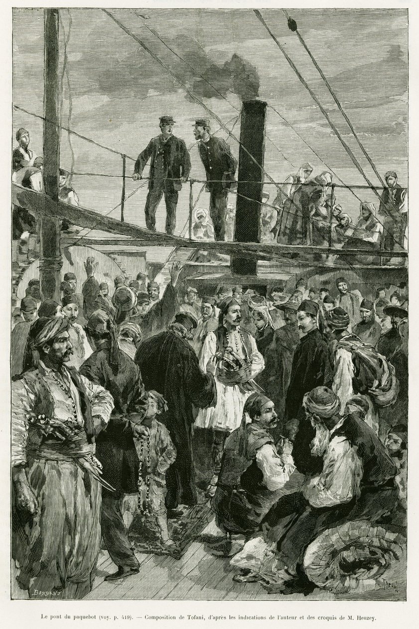 Laivan kansi. Tofanin kaiverrus havainnollistamaan tarinaa Voyage en Thessalie vuonna 1882, Paul Monceaux, in le tour du monde 1887, ohjaaja Edouard Charton (1807-1890), Hachette, Pariisi. tekijältä Oswaldo Tofani
