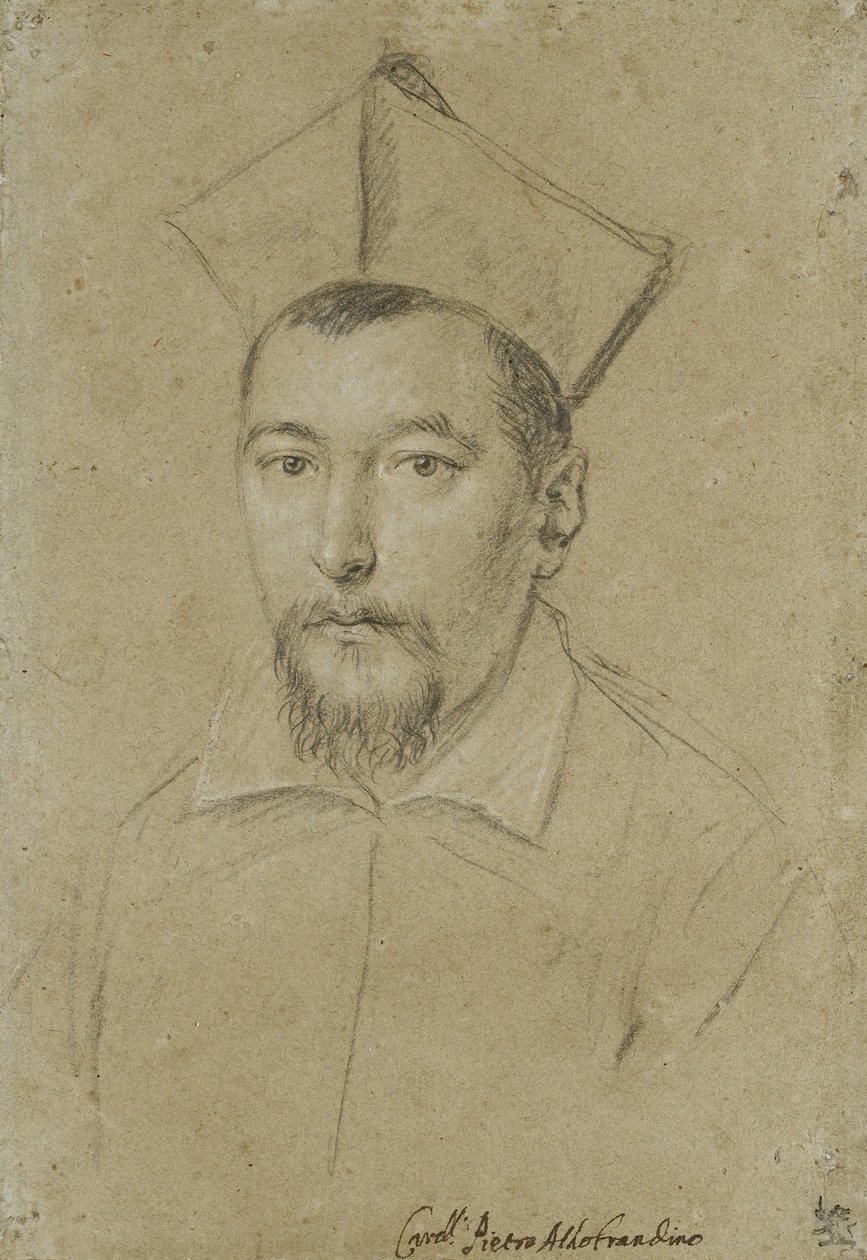 Kardinaali Pietro Aldobrandinin muotokuva (musta liitu, korotettu valkoisella harmaalla, harmaalla paperilla) tekijältä Ottavio Mario Leoni