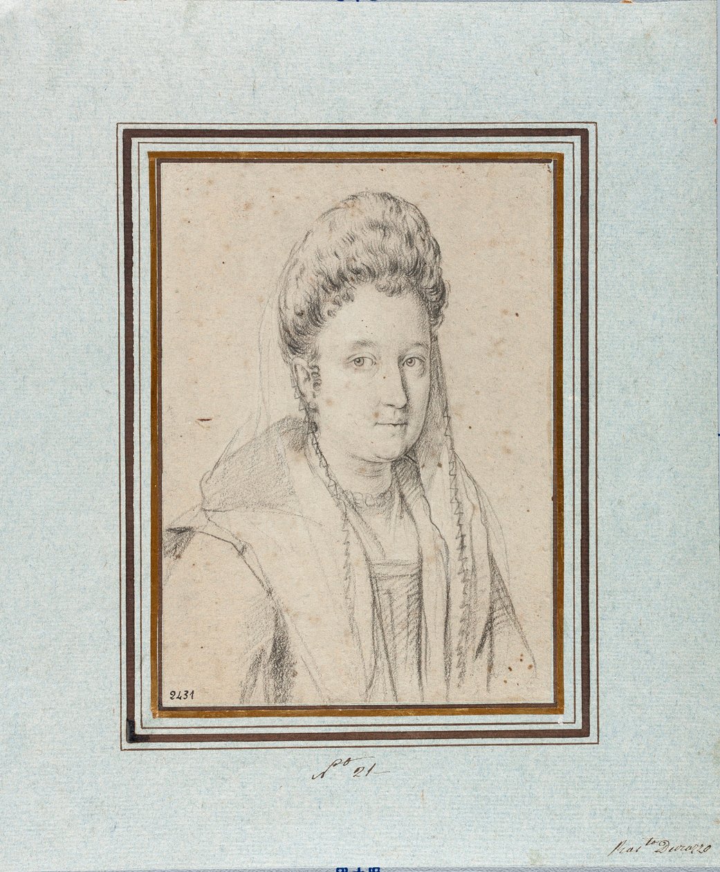 Costanza Sforza di Santa Floran (1550-1617), Soran herttuattaren ja Giacomo Boncompagnin vaimon muotokuva Ottavio Leonin (1578-1630) piirustus Genes, Musei di Strada Nuova, inv 2431 tekijältä Ottavio Mario Leoni