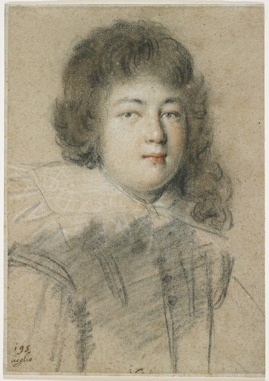 Nuoren pojan muotokuva, 1621 (punainen, musta ja valkoinen liitu haalistuneelle ruskealle liimapaperille). tekijältä Ottavio Mario Leoni