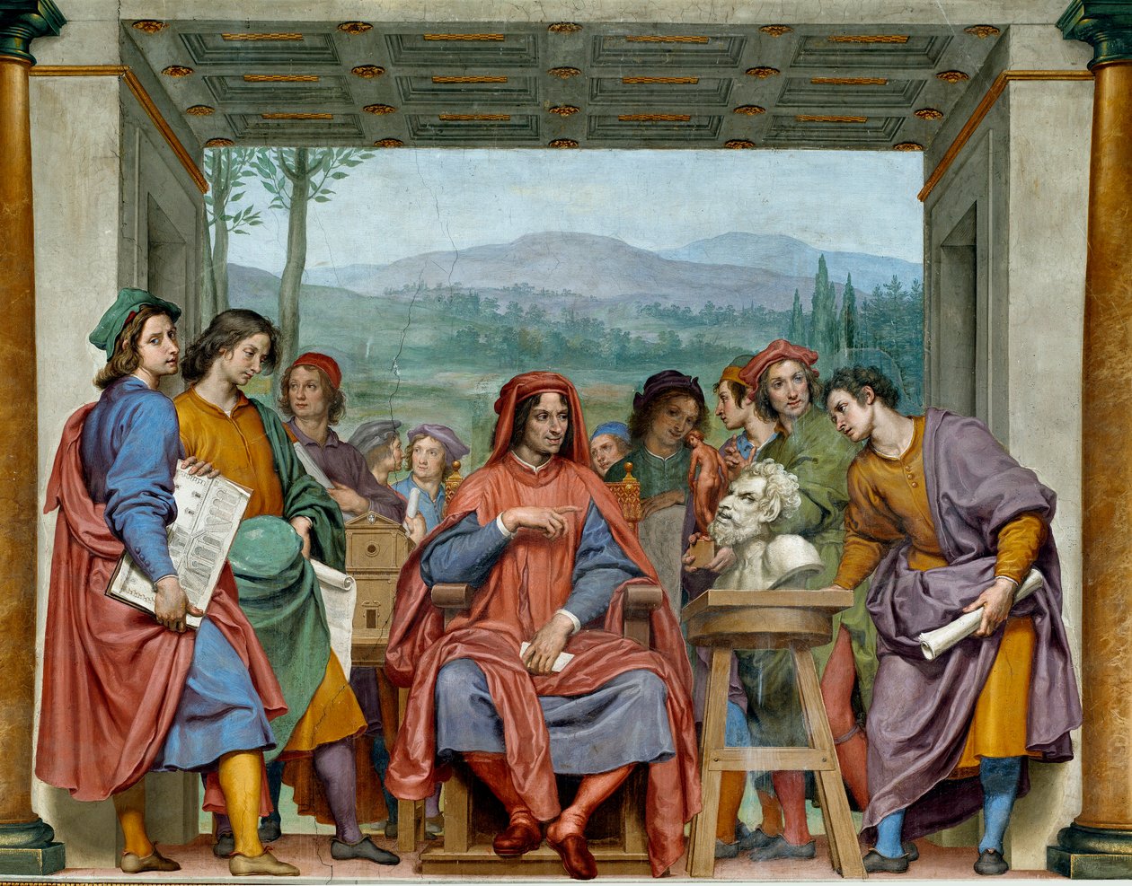 Laurent de Medici (1449-1492) (Laurent the Magnificent: Lorenzo il Magnifico) istuu firenzeläisten taiteilijoiden keskellä Hän ihailee Michelangelon (Michelangelo, Michel Ange) eläimistön päätä. Ottavio Vanninin fresko (1585-1643). 1635 suunnilleen Sala tekijältä Ottavio Vannini