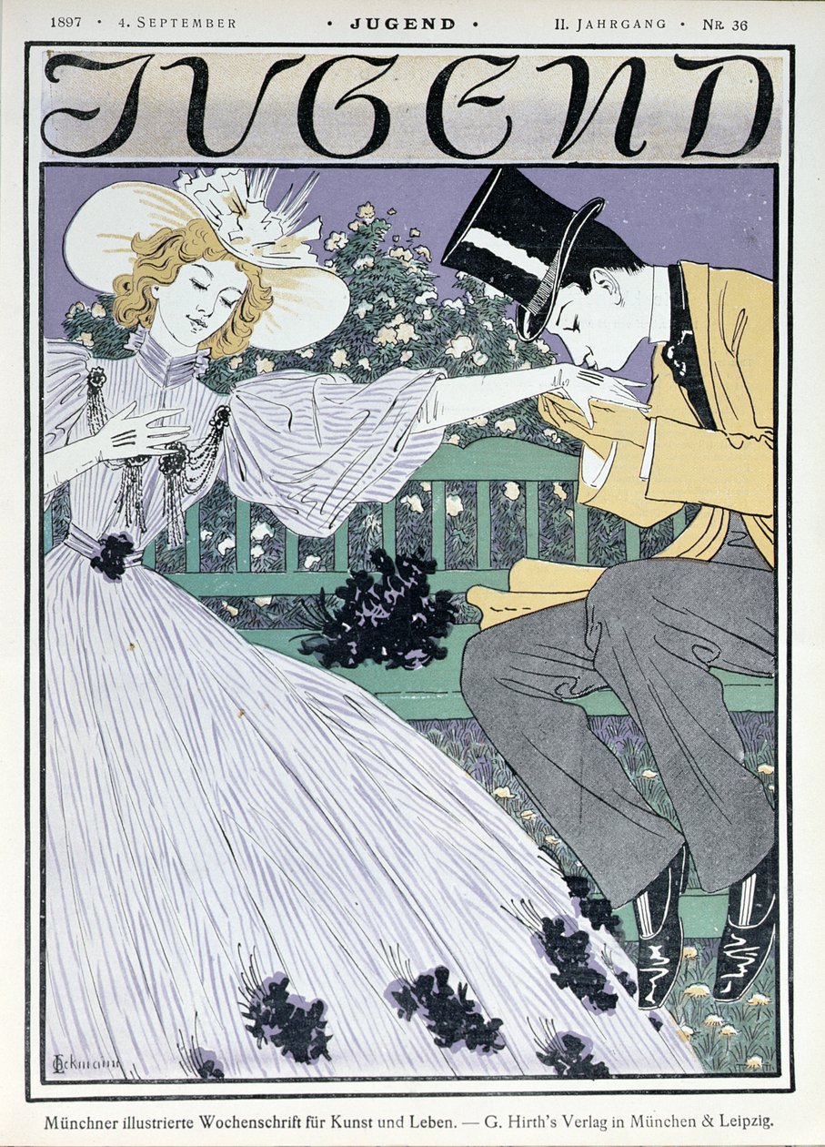 Rakastajat penkillä, kansikuva "Jugend"-lehden Münchenissä, 4. syyskuuta 1897 tekijältä Otto Eckmann