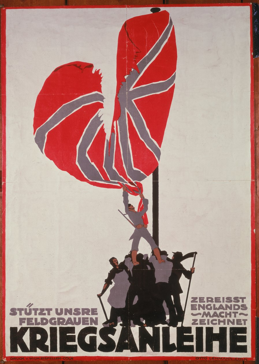Trorts meidän peltomme harmaa - Revi Englannin yö arpaa sotalainaa, Saksan sotalainan juliste, Saksa, 1914-18 tekijältä Otto Lehmann